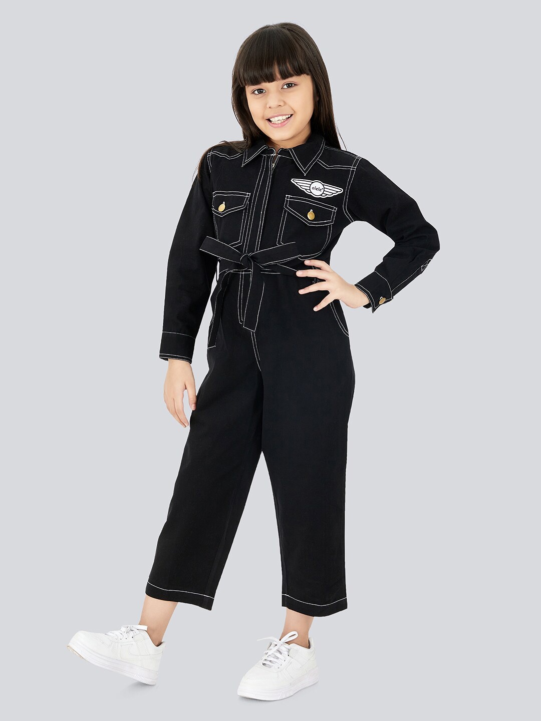 

Olele Girls Shirt Collar Waist Tie-Ups Cotton Basic Jumpsuit, Black