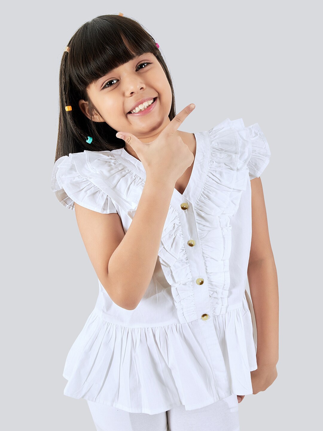 

Olele V-Neck Flutter Sleeves Ruffles Cotton Denim Top, White