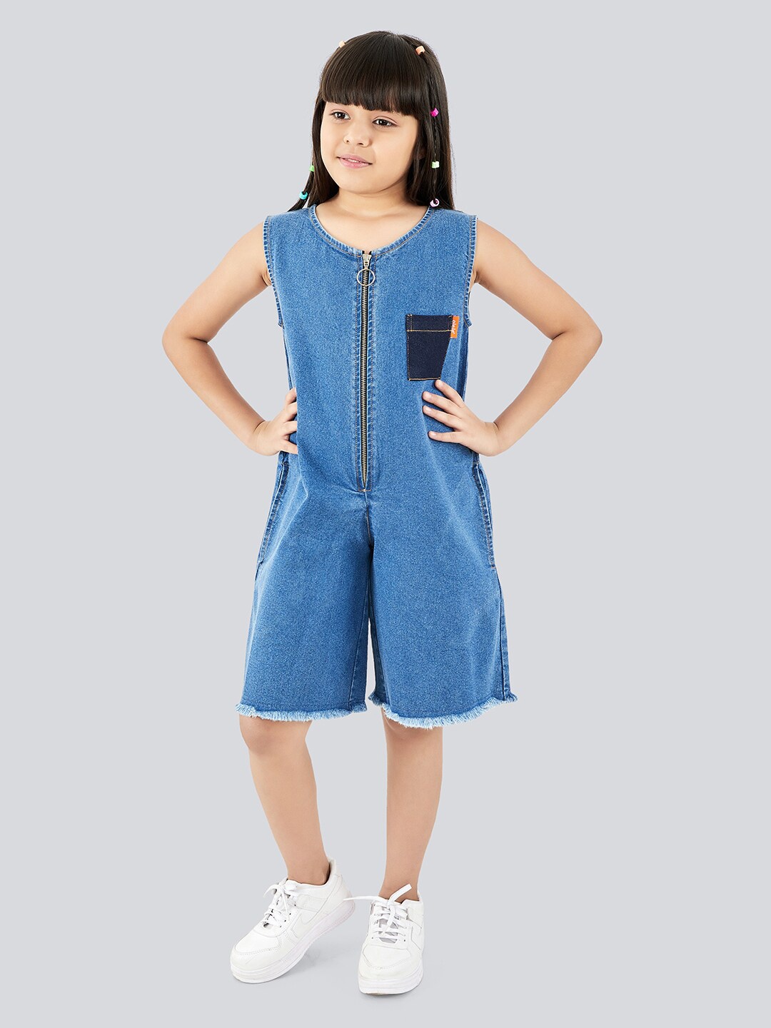 

Olele Girls Round Neck Cotton Playsuit, Blue