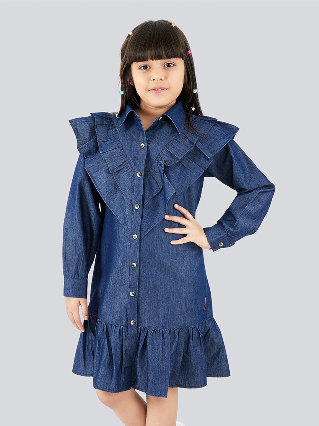 

Olele Girls Victoria Ruffle Cuffed Sleeves Cotton Shirt Dress, Blue