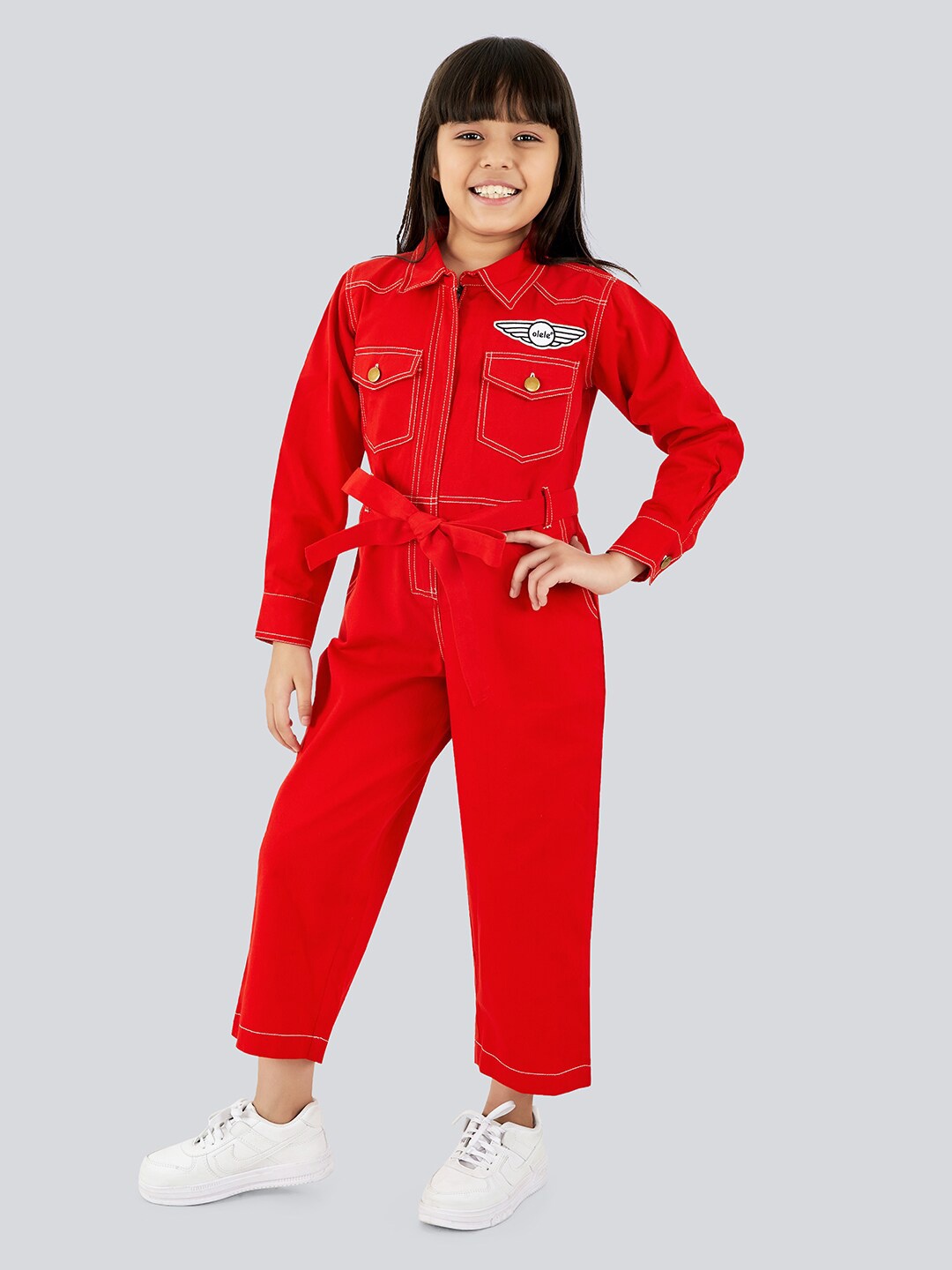 

Olele Girls Shirt Collar Waist Tie-Ups Cotton Basic Jumpsuit, Red