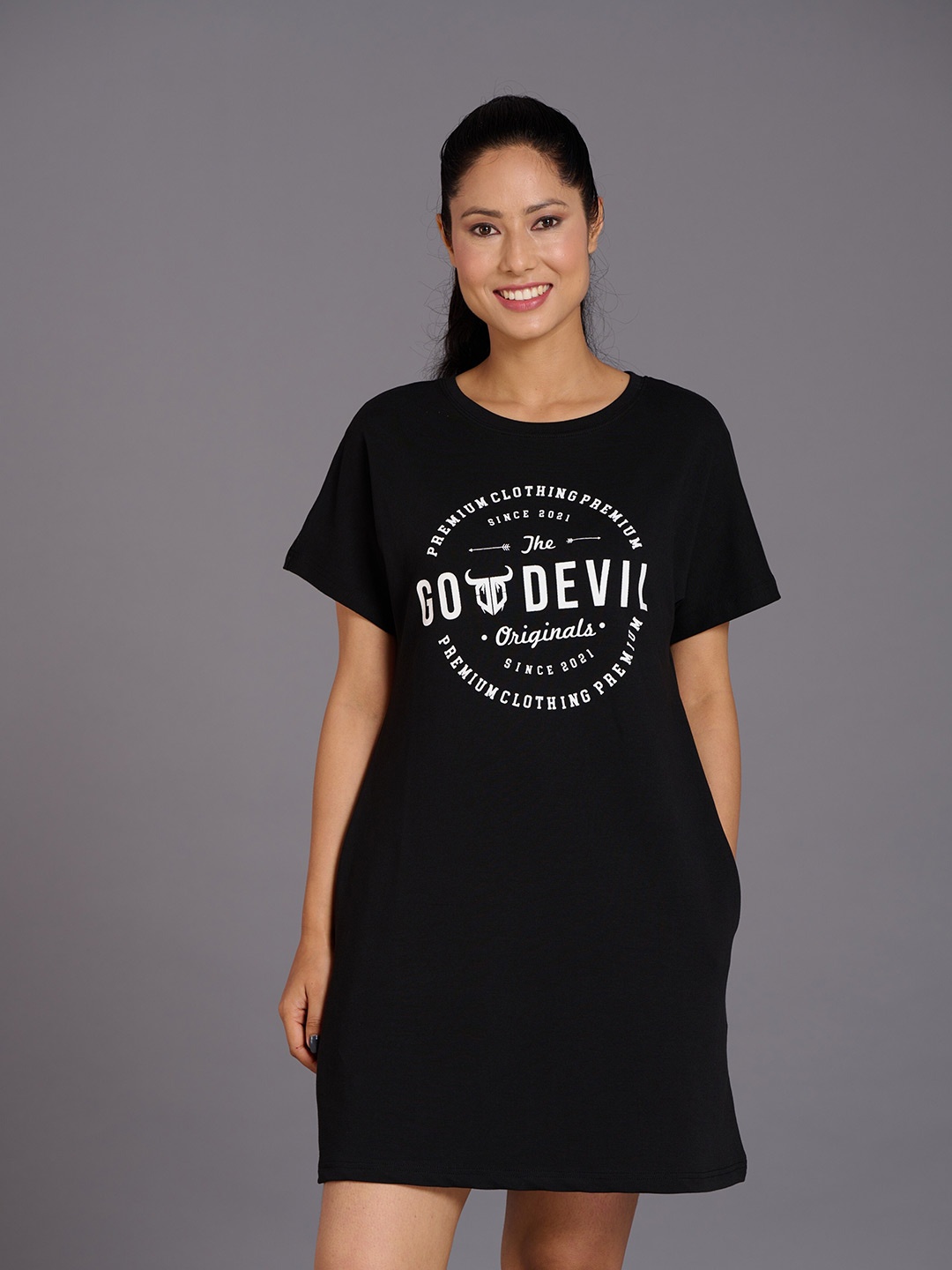 

GO DEVIL Typography Printed Cotton T-shirt Dress, Black