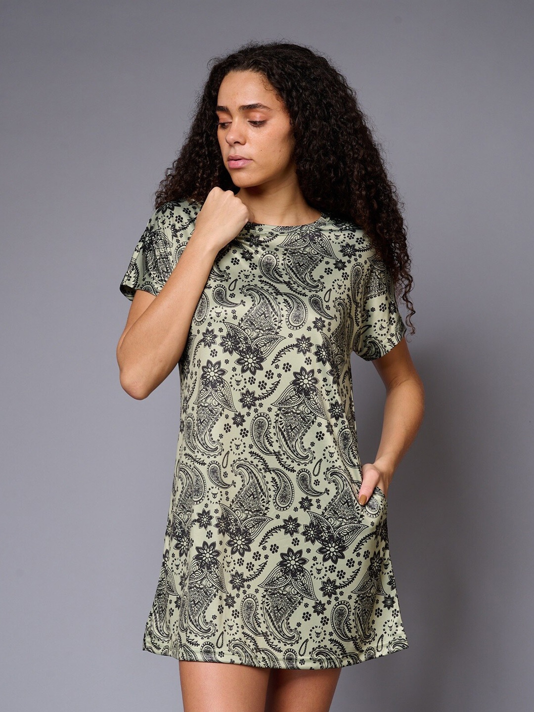 

GO DEVIL Ethnic Motifs Printed Cotton T-shirt Dress, Green