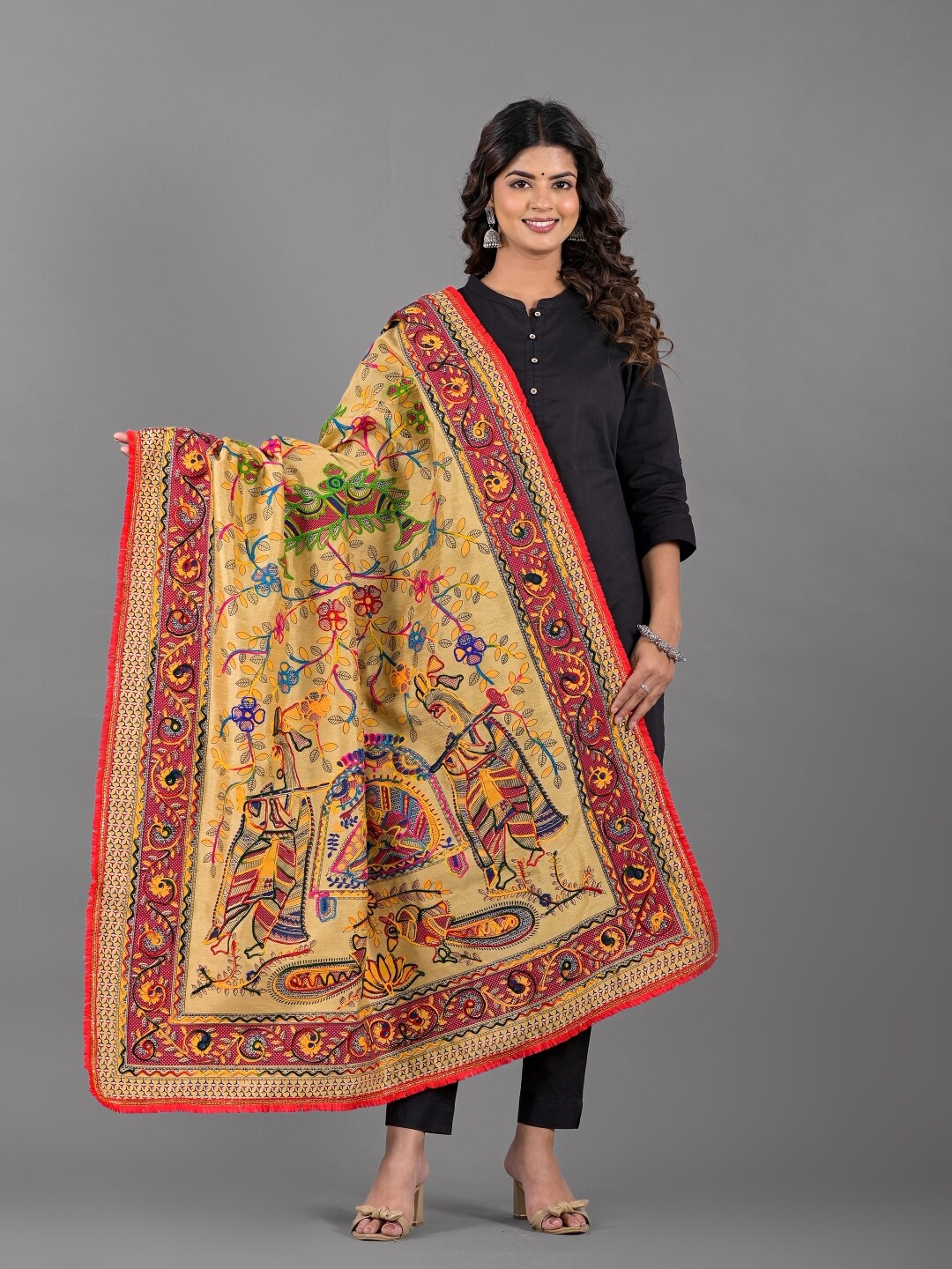 

Apratim Floral Embroidered Thread Work Detailed Dupatta, Beige