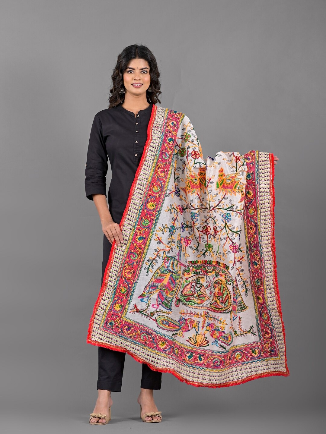 

Apratim Floral Embroidered Thread Work Detailed Dupatta, White