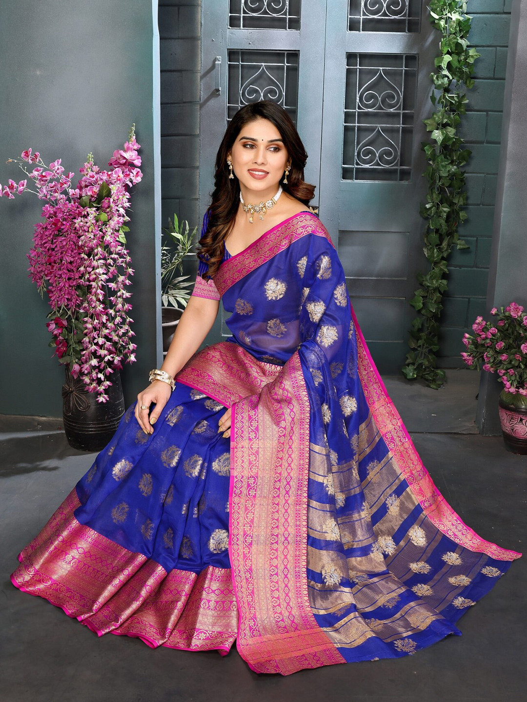 

vj fashion Ethnic Motifs Zari Banarasi Saree, Blue