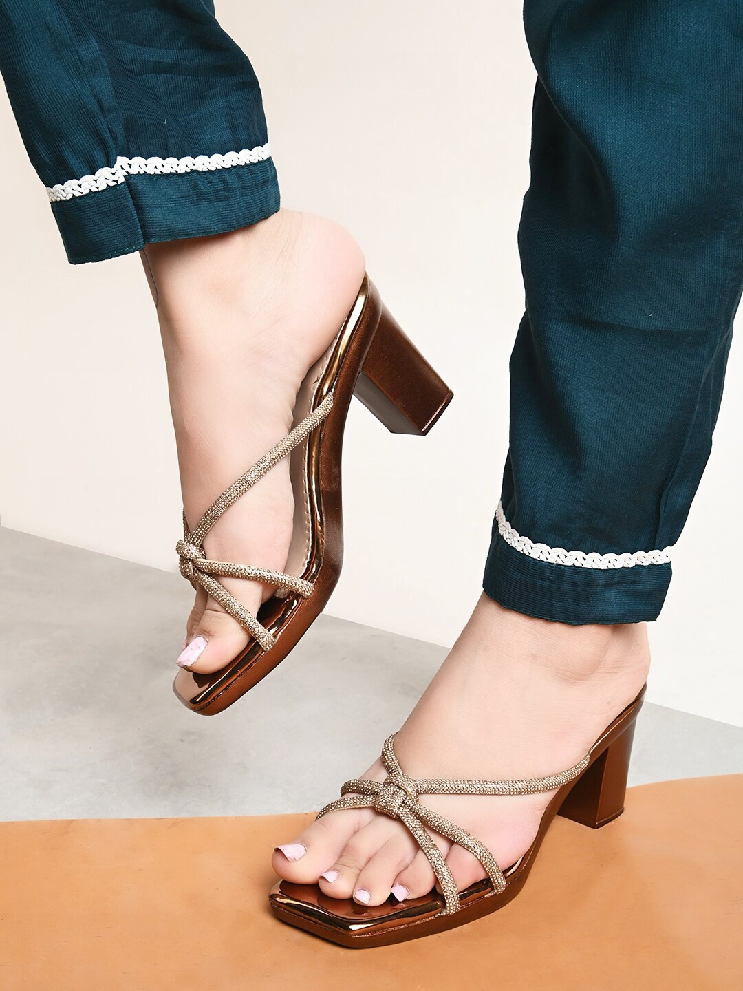 

XE Looks Embellished Open Toe Block Heels, Copper