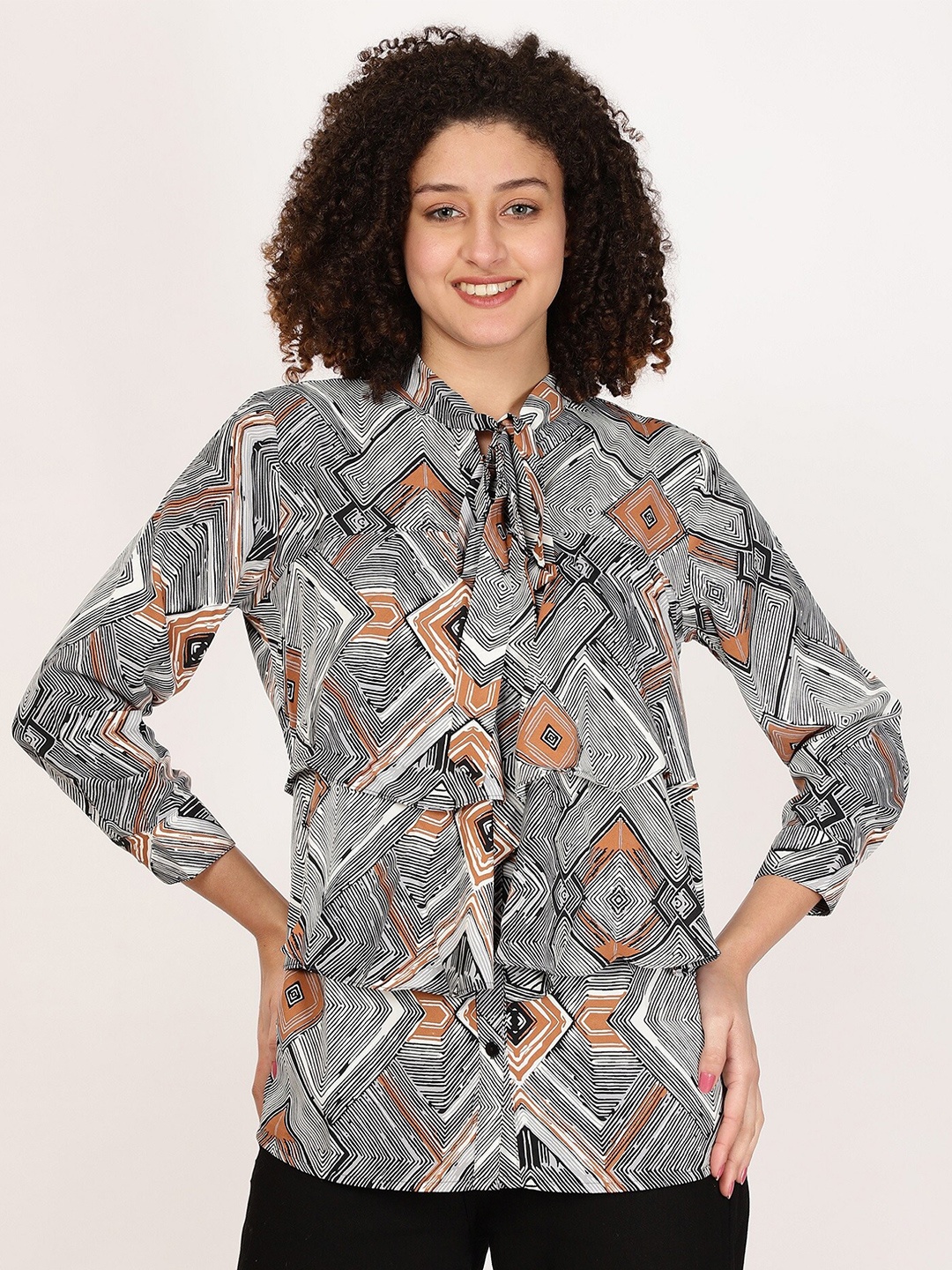 

FUTURO Geometric Printed Tie-Up Neck Cuffed Sleeves Shirt Style Top, Orange
