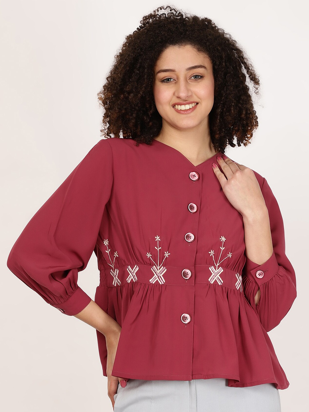 

FUTURO Floral Embroidered Puff Sleeve Peplum Top, Rust