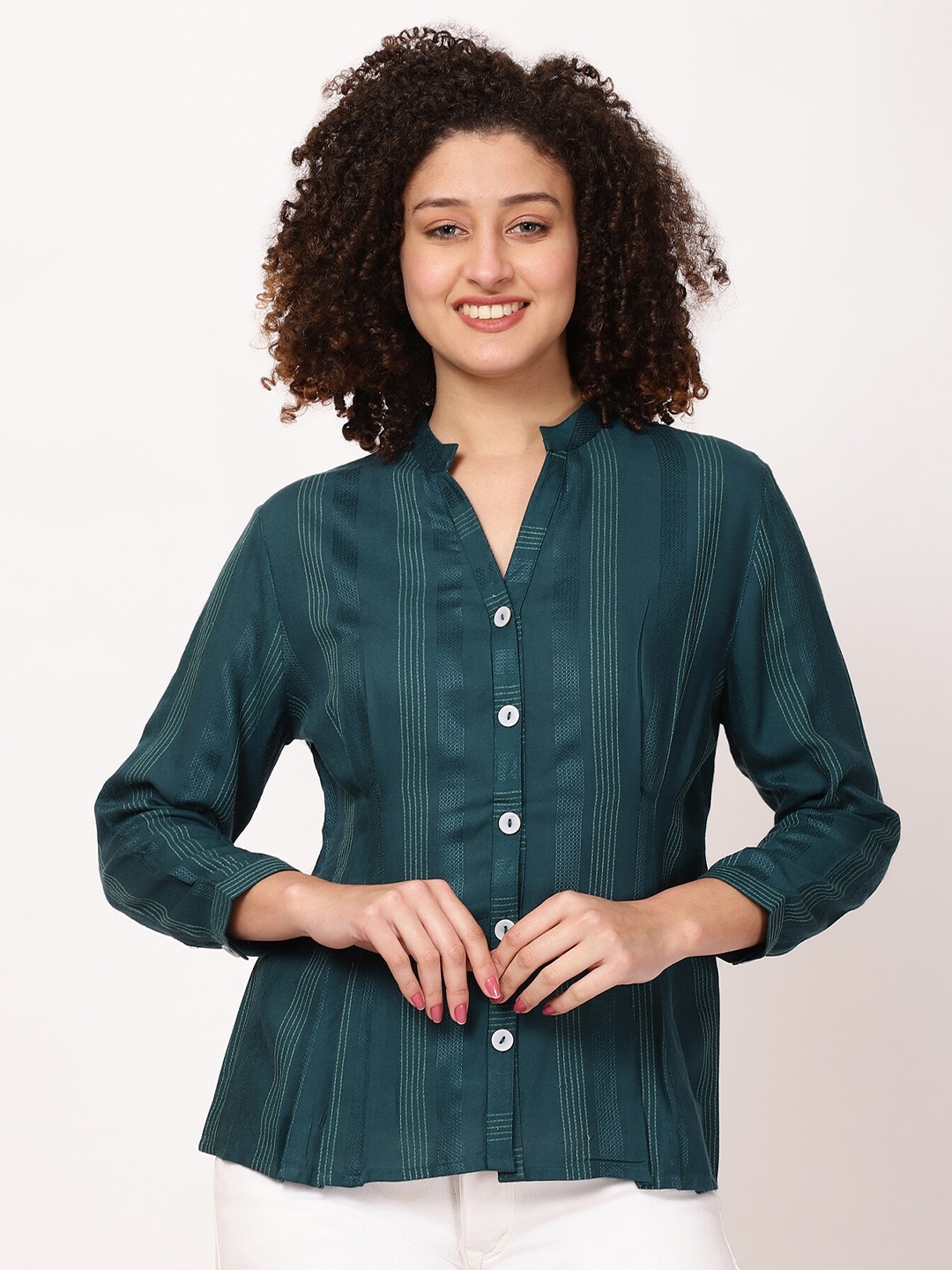 

FUTURO Striped Mandarin Collar Shirt Style Top, Green