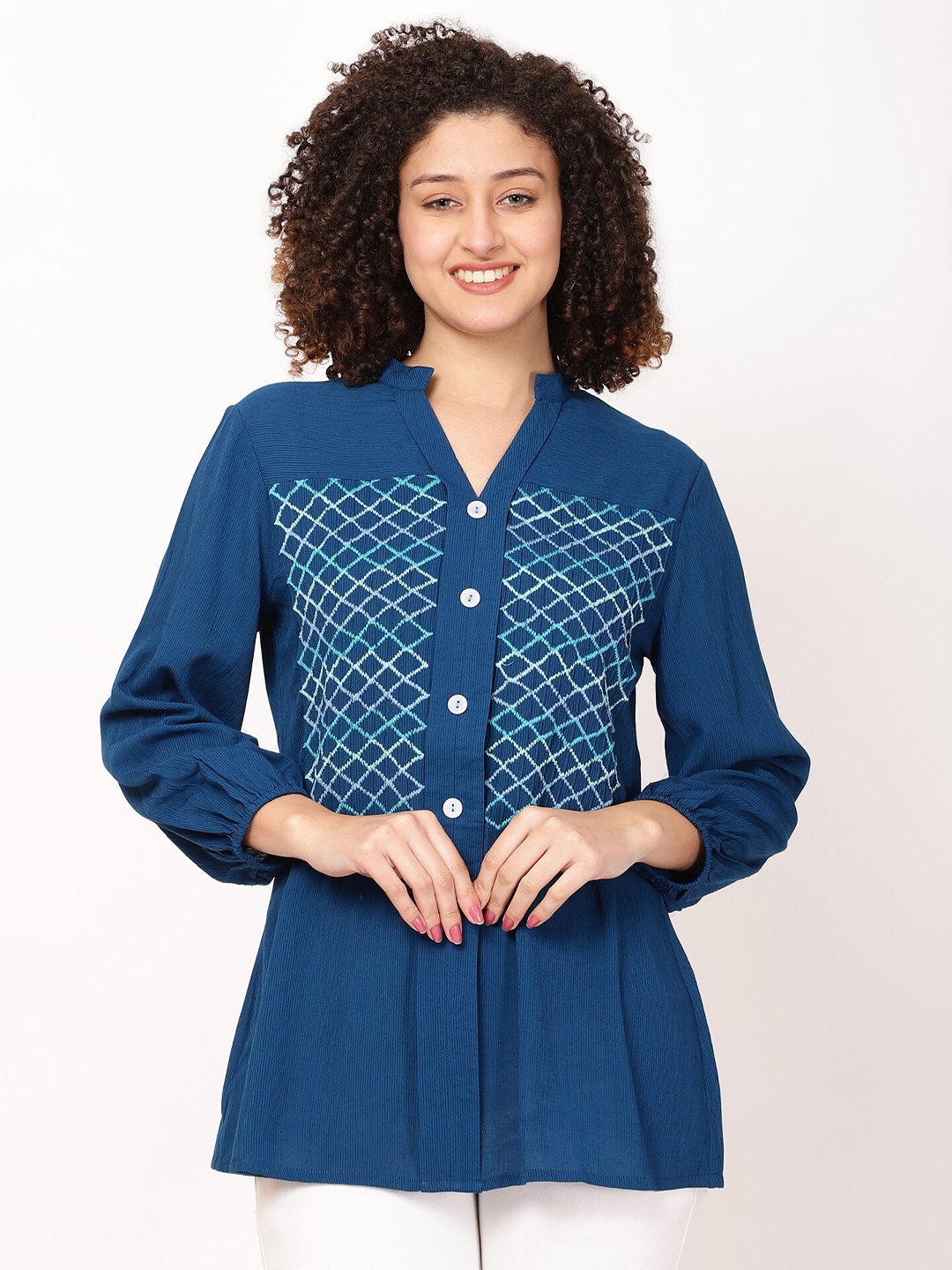 

FUTURO Geometric Embroidered Mandarin Collar Puff Sleeves Shirt Style Top, Blue