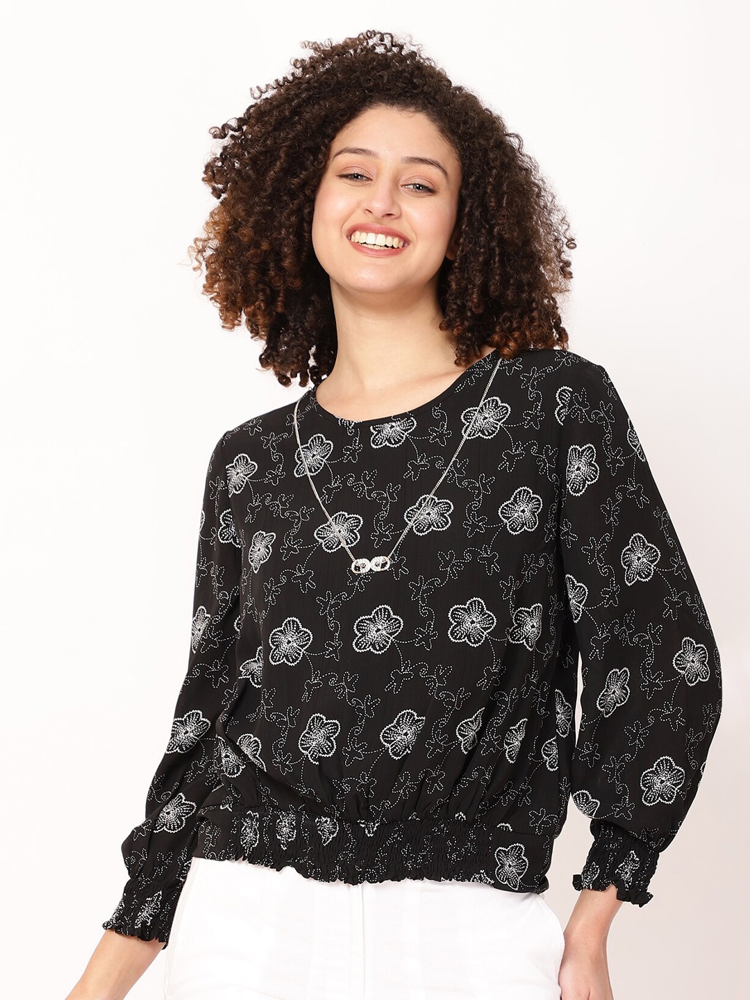 

FUTURO Floral Printed Cuffed Sleeves Blouson Top, Black