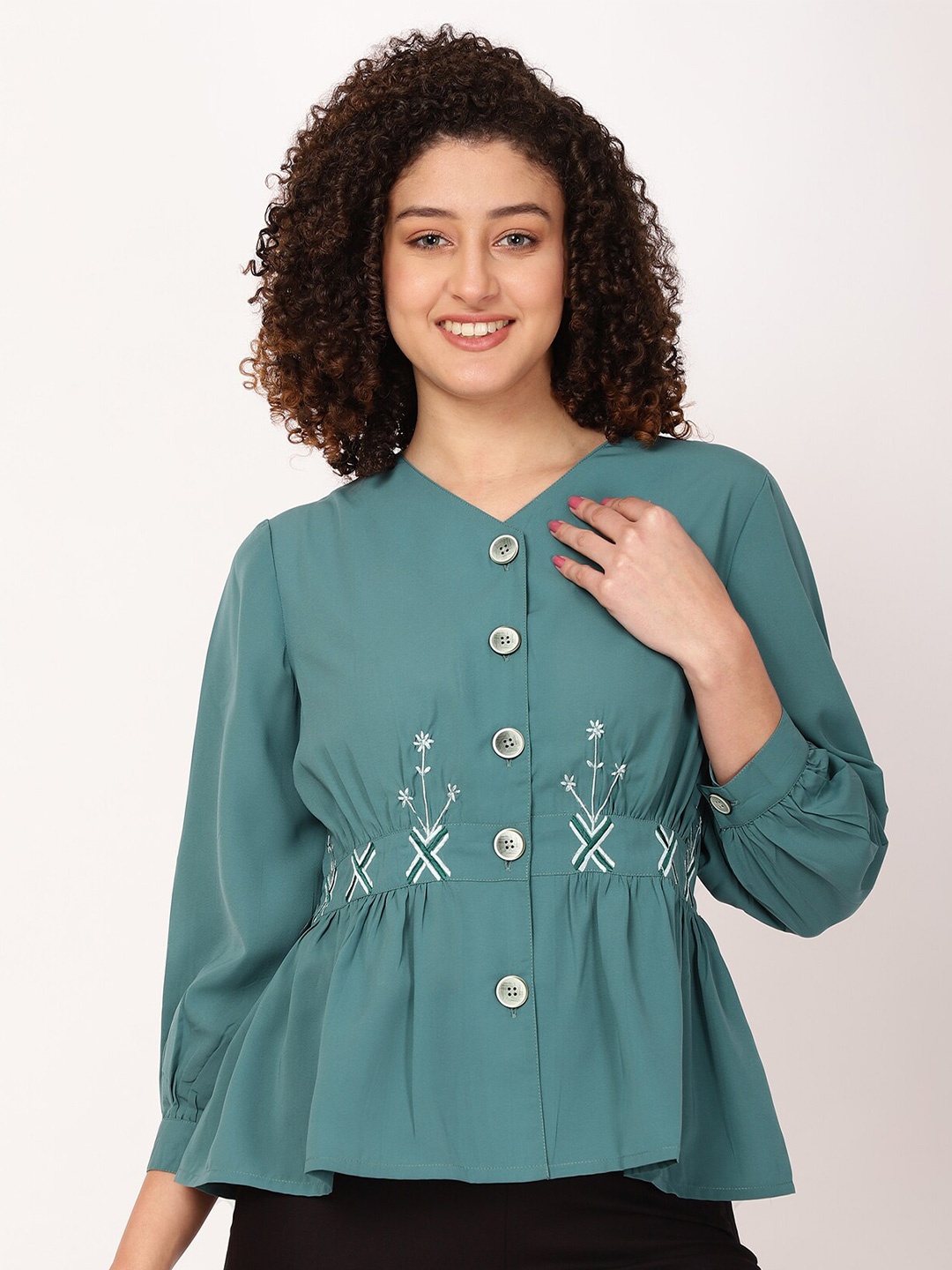 

FUTURO Floral Embroidered Cinched Waist Top, Sea green