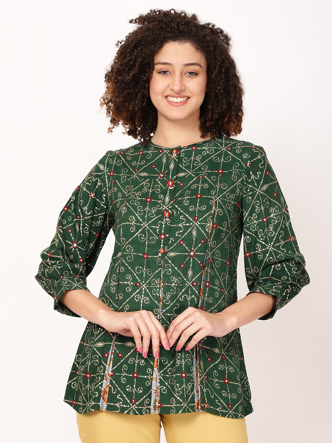 

FUTURO Ethnic Motifs Printed Modal Shirt Style Top, Green
