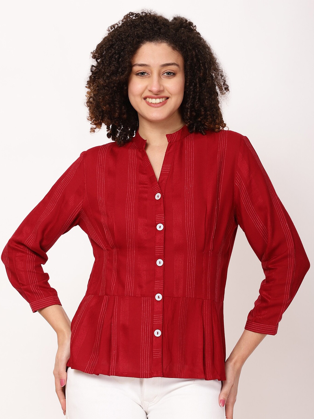 

FUTURO Striped Mandarin Collar Shirt Style Top, Maroon