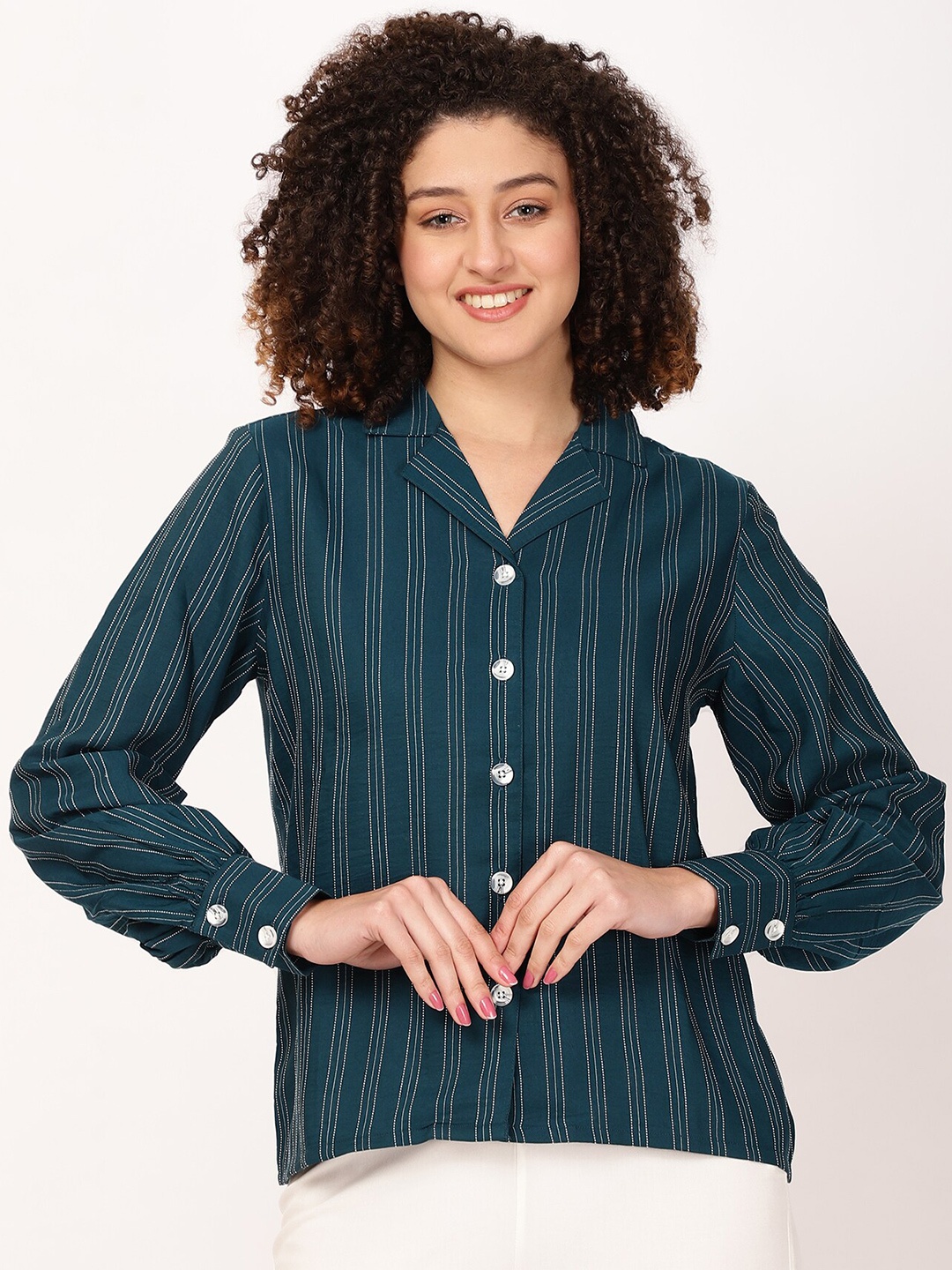 

FUTURO Vertical Striped Lapel Collar Cuffed Sleeves Shirt Style Top, Green