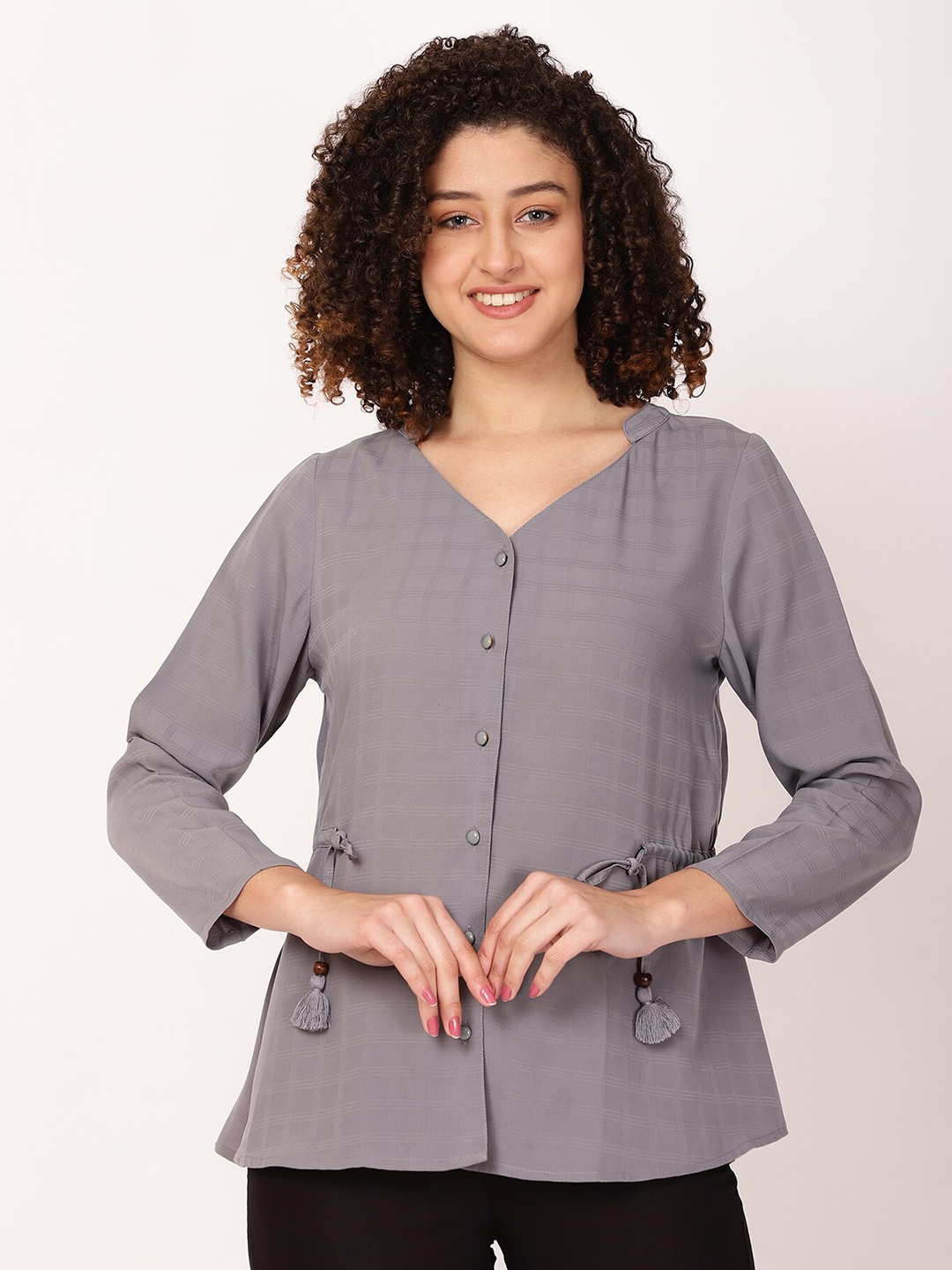 

FUTURO Checked Mandarin Collar Tie-Ups Detail Top, Grey