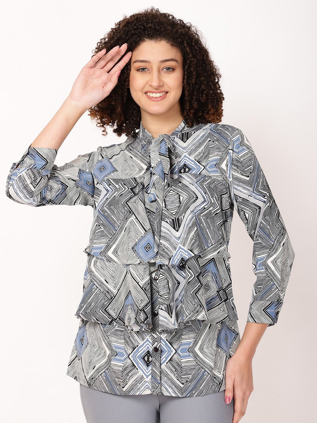 

FUTURO Abstract Print Tie-Up Neck Shirt Style Top, Blue