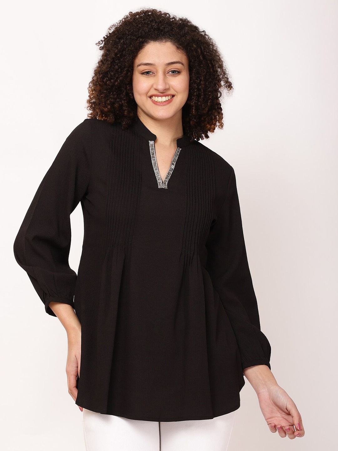

FUTURO Mandarin Collar Puff Sleeve A-Line Top, Black