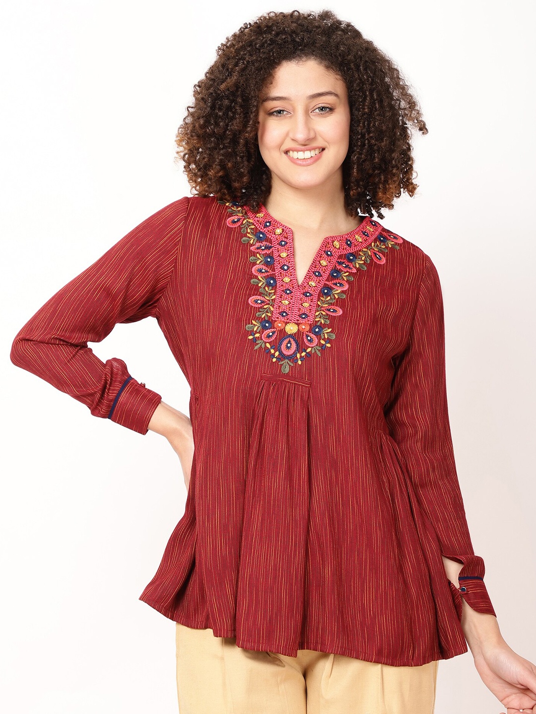 

FUTURO Floral Embroidered Mandarin Collar Cotton Top, Maroon