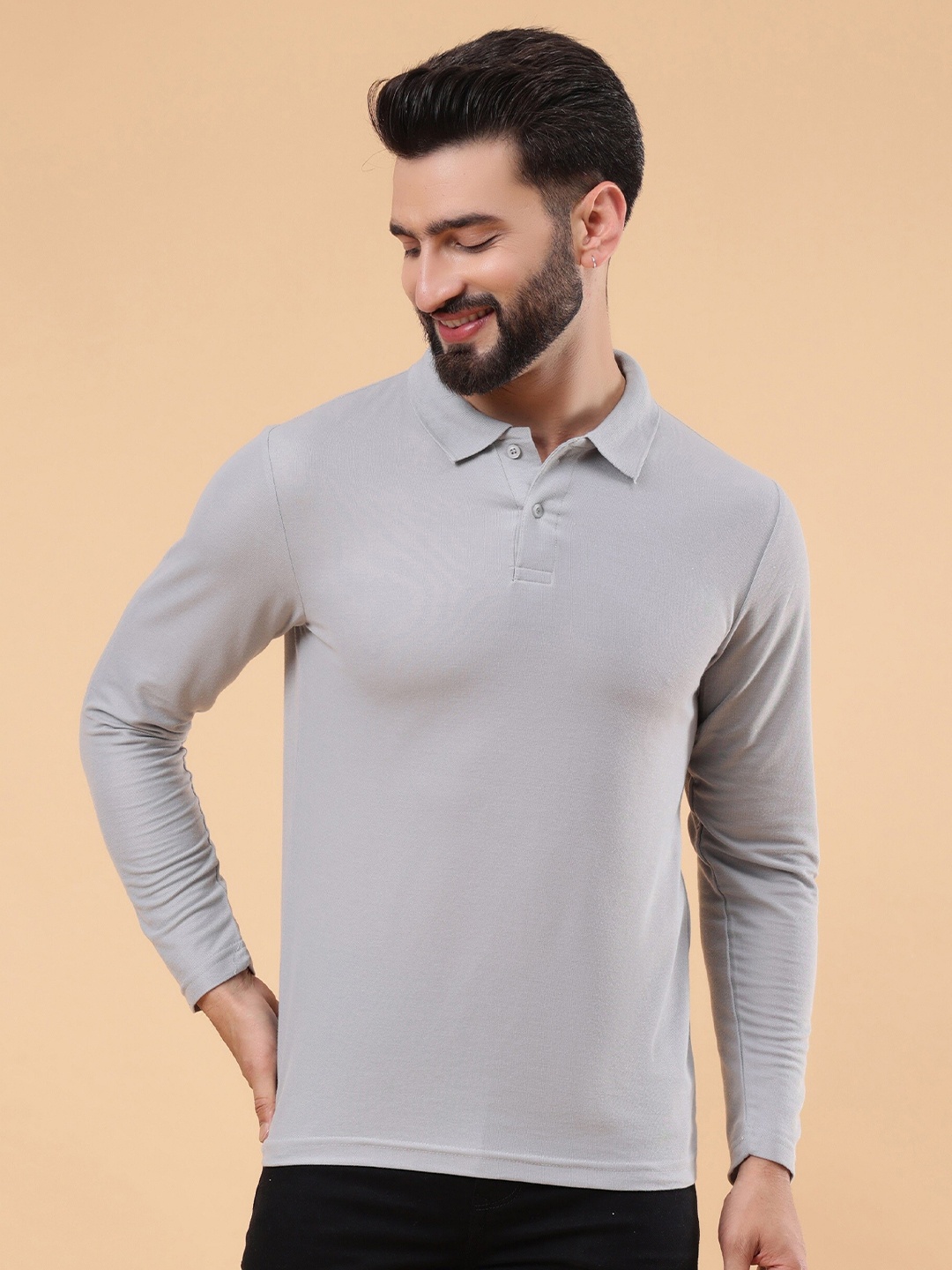 

WE PERFECT Polo Collar Long Sleeves Casual T-shirt, Grey