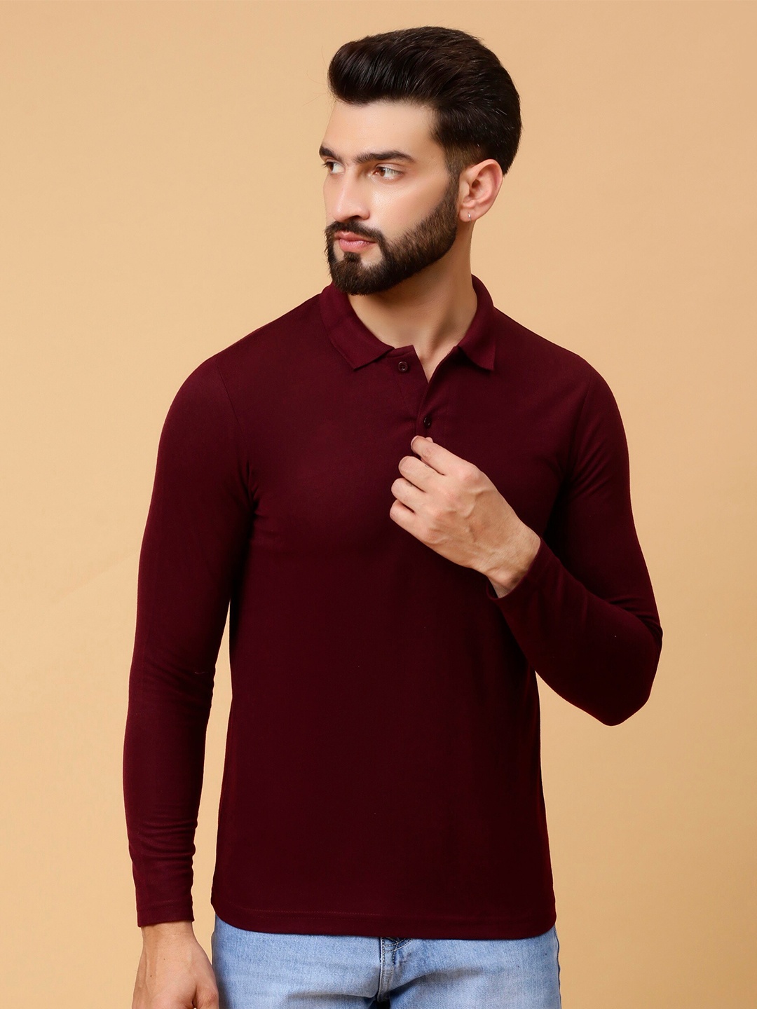 

WE PERFECT Regular Fit Long Sleeves Polo Collar Cotton T-shirt, Maroon