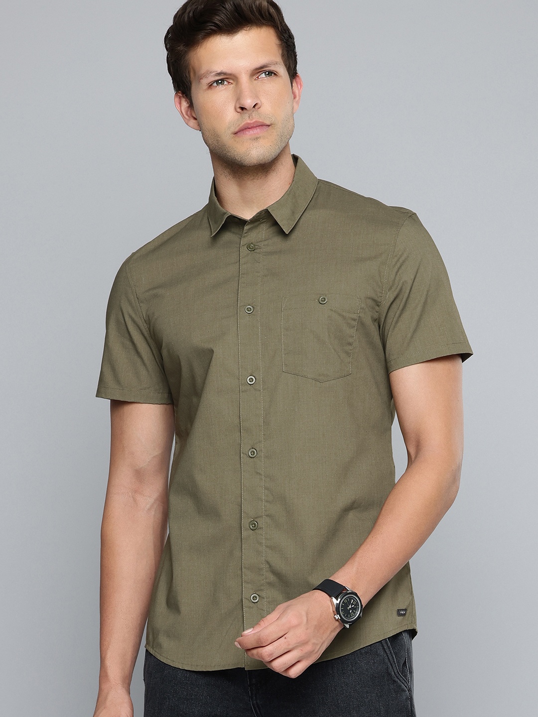 

FORCLAZ By Decathlon Men Solid Green Half Sleeve Travel Shirt, Olive