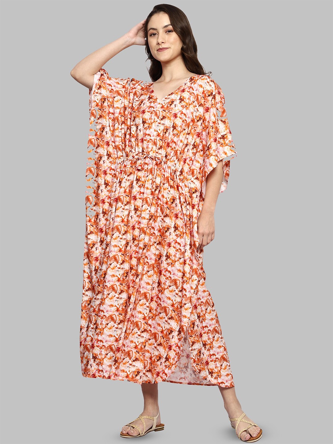 

CRAFTBAZAR Floral Printed V-Neck Maternity Maxi Dress, Orange