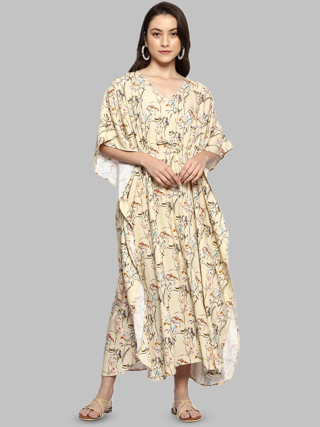 

CRAFTBAZAR Floral Printed V-Neck Maternity Maxi Dress, Beige