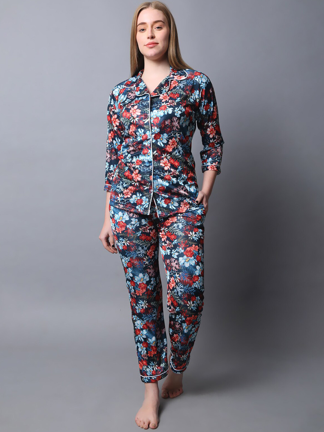 

Xivir Floral Printed Lapel Collar Night suit, Navy blue