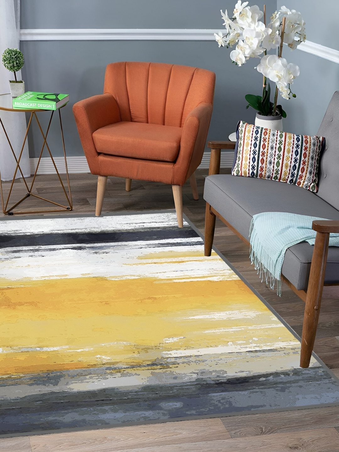 

Sparrow world Yellow & White Abstract Printed Anti-Skid Carpet