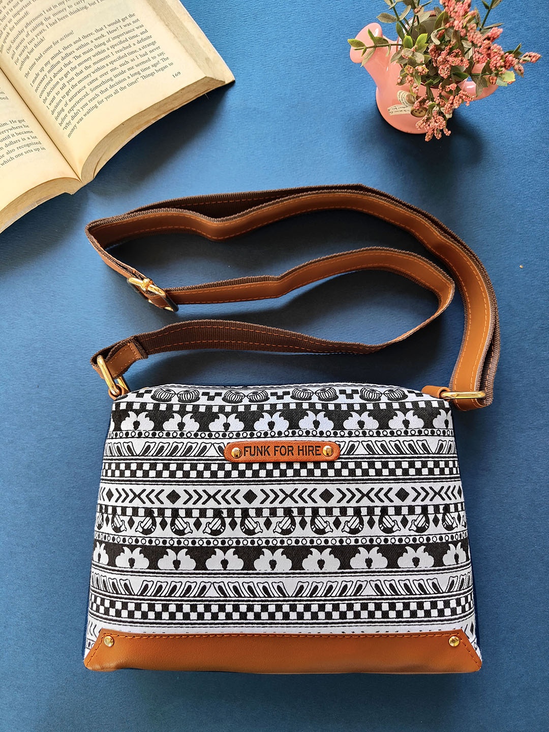 

Funk For Hire Geometric Printed Cotton Canvas Leather Structured Sling Bag, White