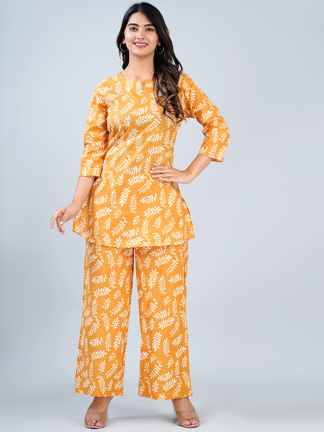 

ETC Mustard Yellow Floral Printed Pure Cotton Tunic With Palazzo