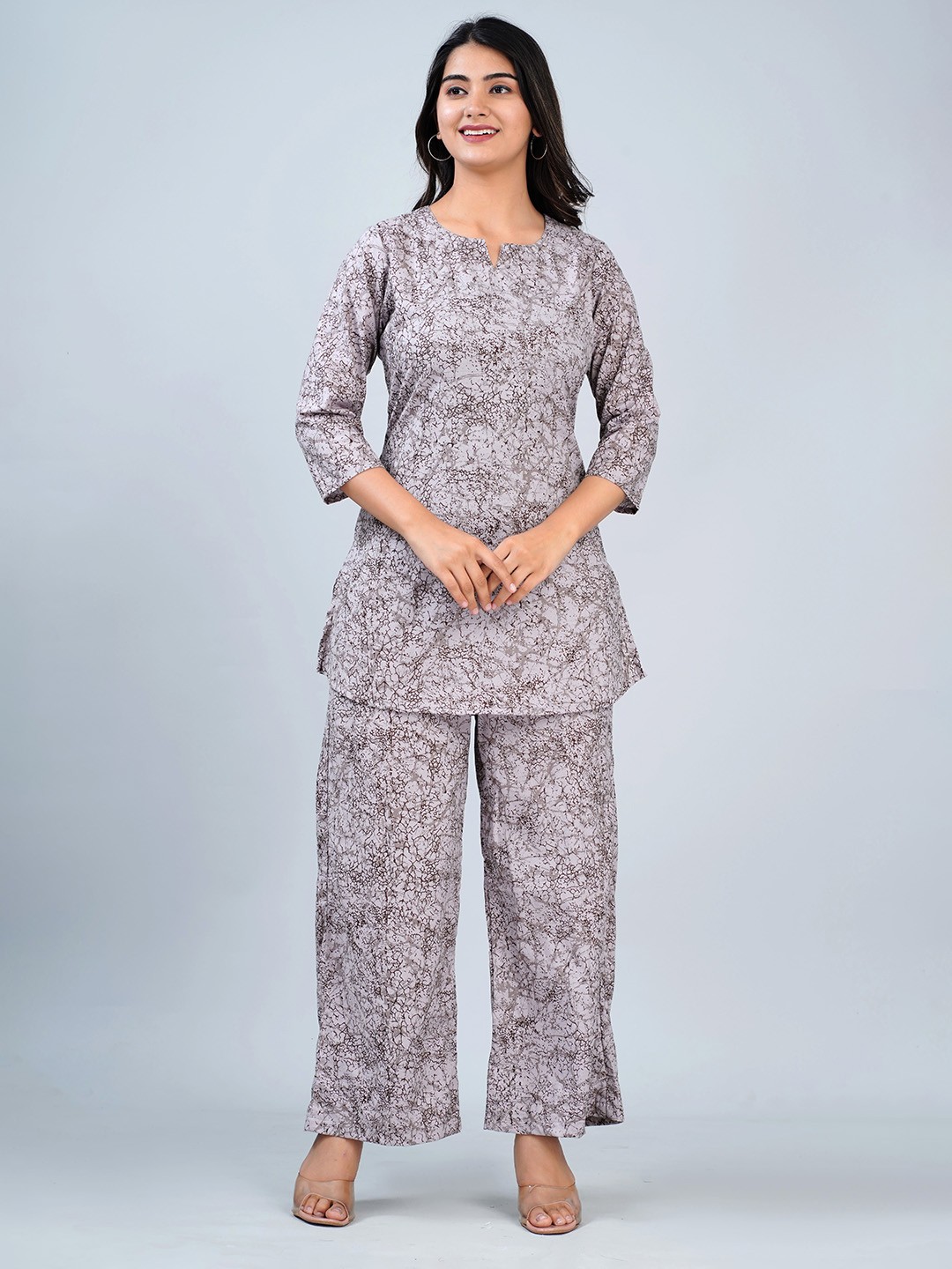 

ETC Printed Pure Cotton Top & Palazzos, Grey