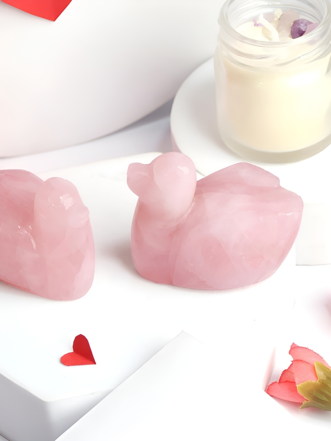 Shubhanjali Rose Quartz Duck Valentine Pair Showpiece, Pink
