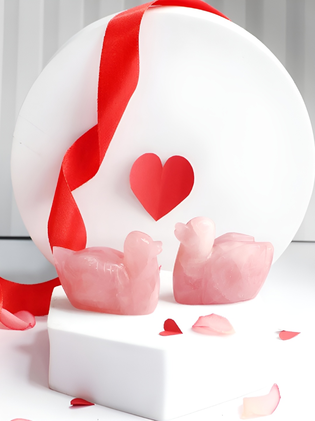 Shubhanjali Rose Quartz Duck Valentine Pair Showpiece, Pink