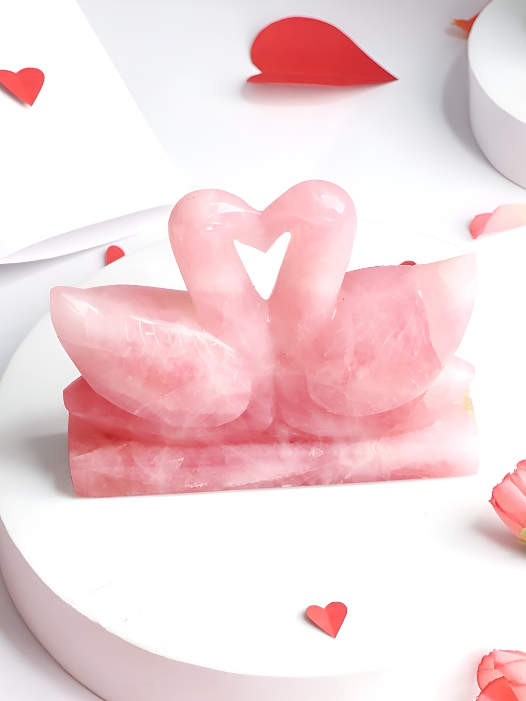 

Shubhanjali Rose Quartz Duck Valentine Pair Gift Showpiece, Pink