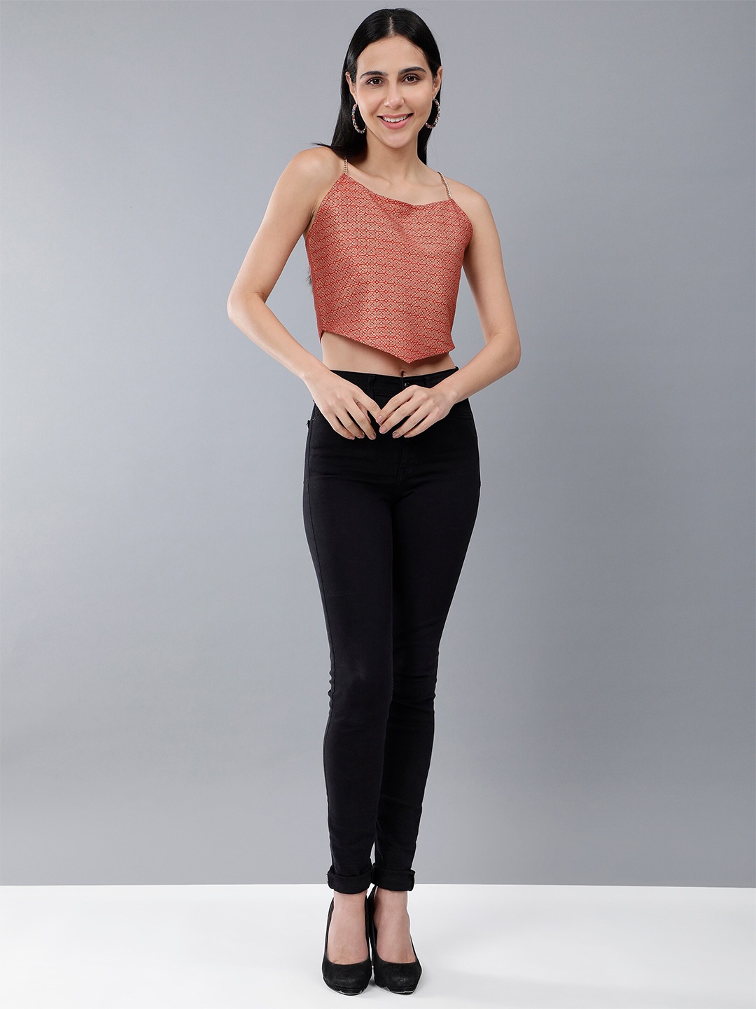 

HERE&NOW Ethnic Motifs Self Design Shoulder Straps Sleeveless Crop Top, Red