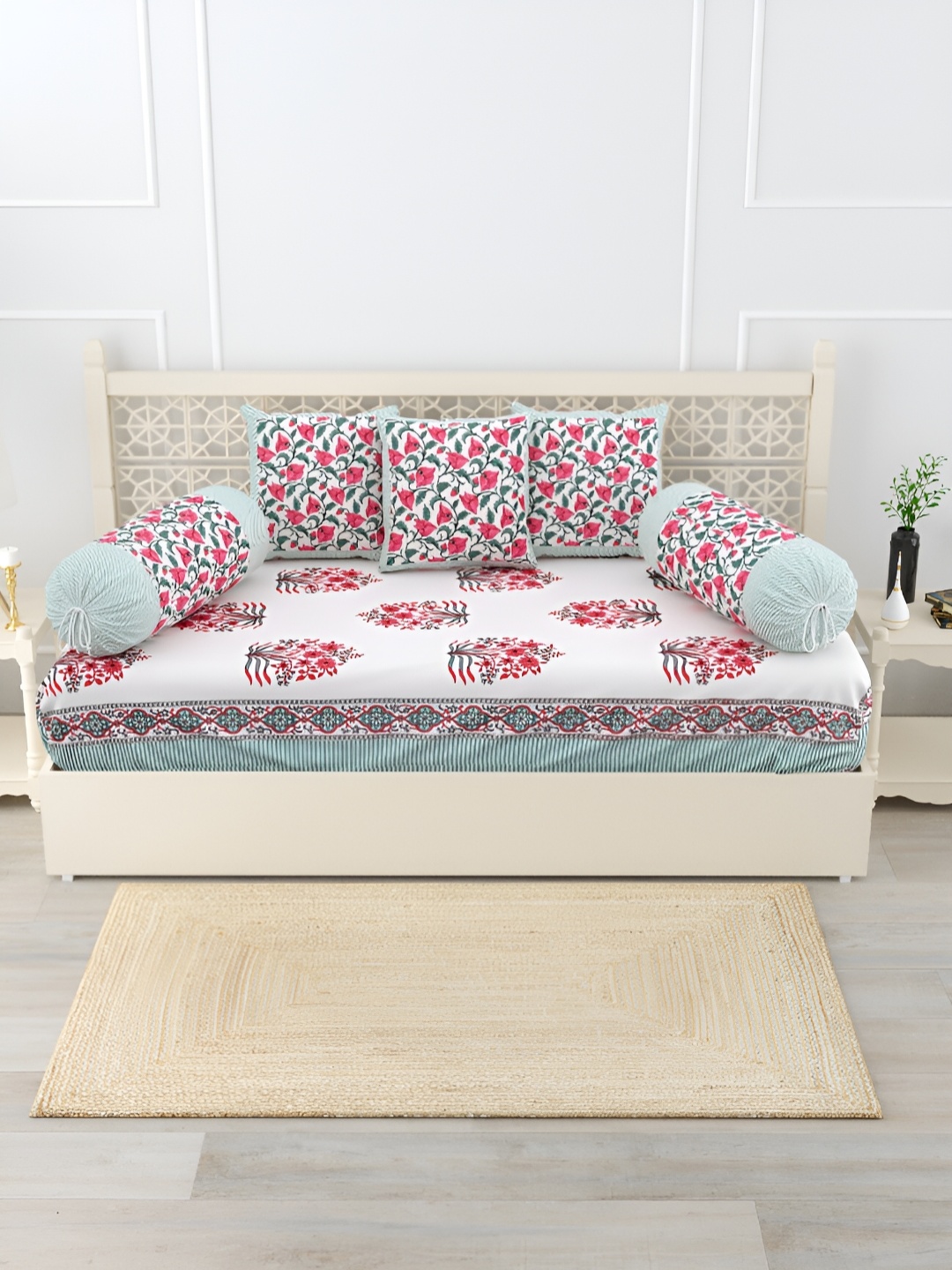 

Salona Bichona White & Pink 6-pcs Floral Printed Pure Cotton Diwan Set