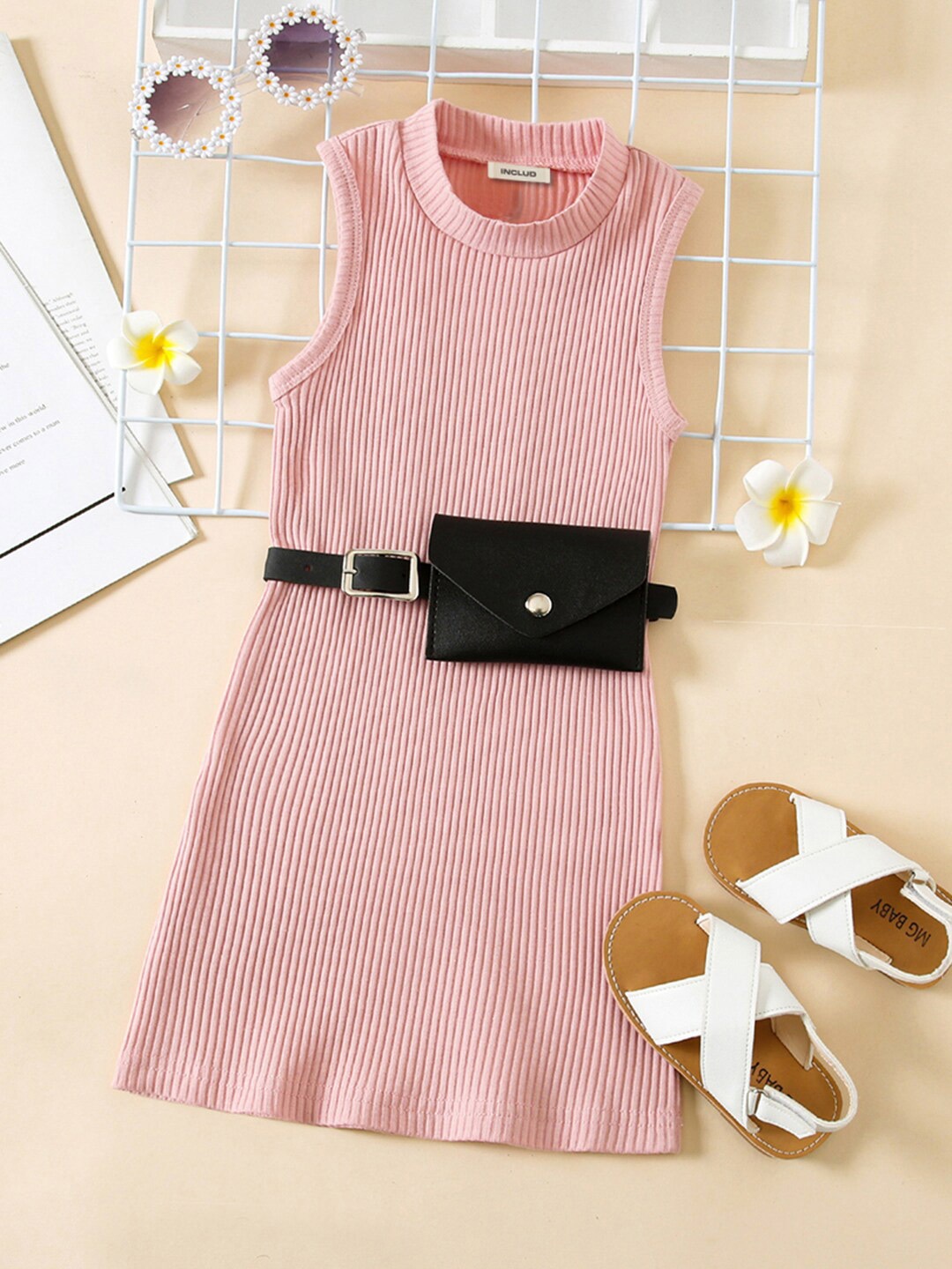 

INCLUD Girls Ribbed Sleeveless Sheath Dress, Pink