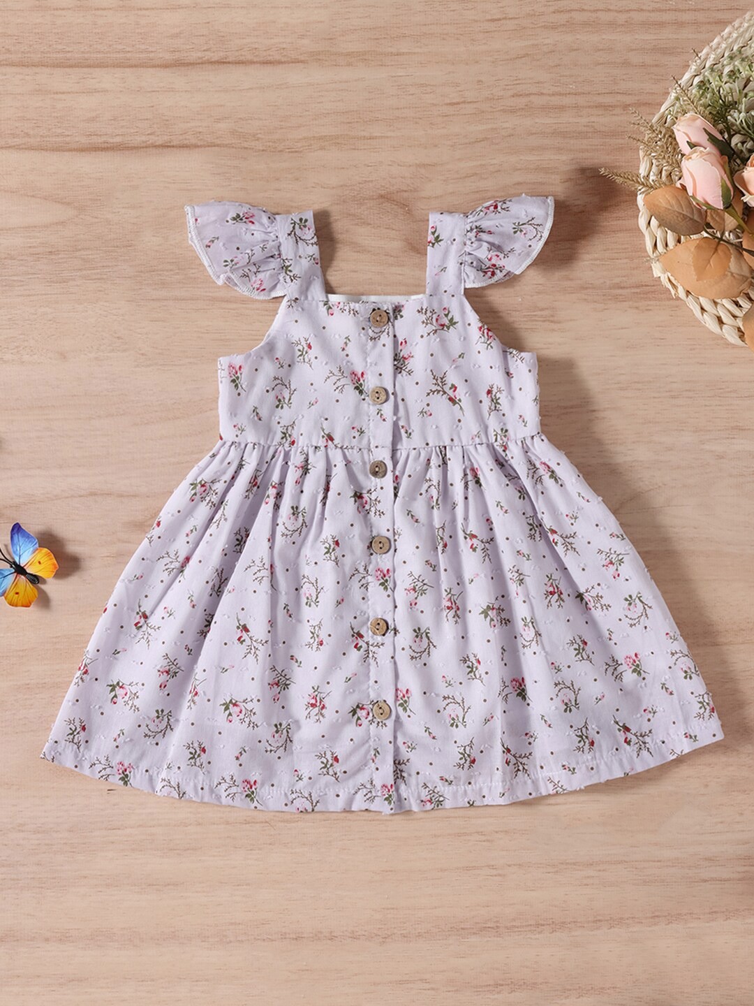 

INCLUD Girls Floral Printed Square Neck Flutter Sleeves Fit & Flare Dress, Purple