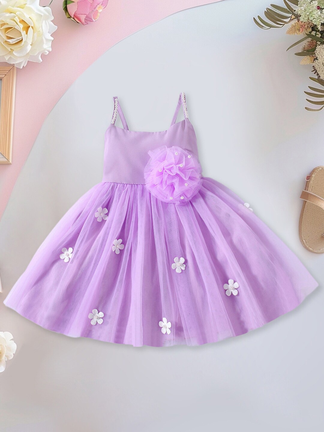 

INCLUD Girls Embellished Shoulder Straps Applique Detail Fit & Flare Dress, Purple