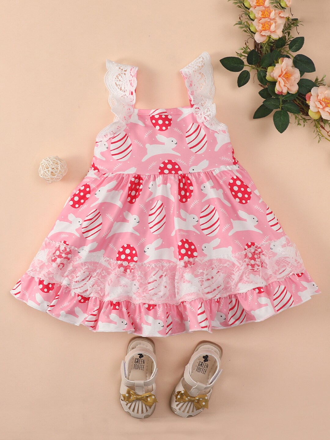 

INCLUD Girls Conversational Printed Square Neck Tiered Detail A-Line Dress, Pink
