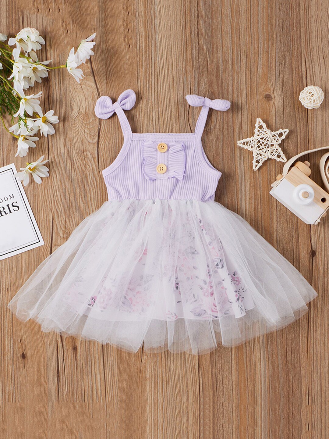 

INCLUD Girls Floral Self Design Shoulder Straps Fit & Flare Dress, Purple