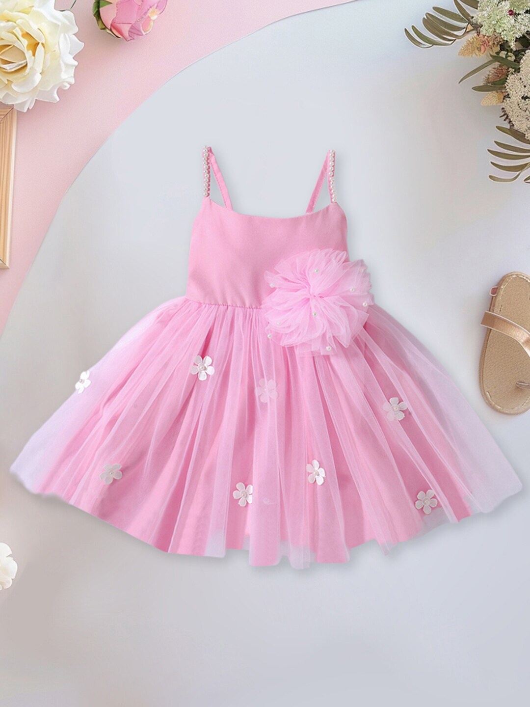 

INCLUD Girls Embellished Shoulder Straps Applique Detail Fit & Flare Dress, Pink