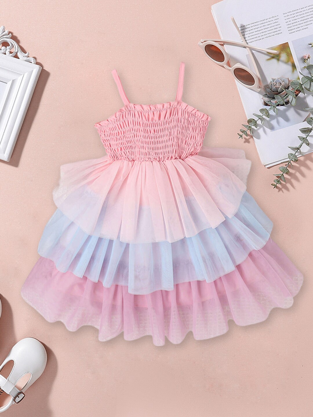 

INCLUD Girls Colourblocked Shoulder Straps Smocked Layered Fit & Flare Dress, Pink