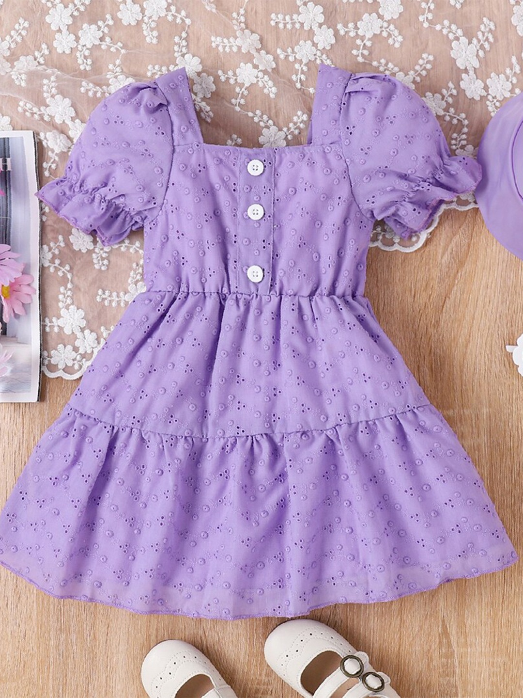 

INCLUD Girls Self Design Square Neck Puff Sleeves Schiffli Detail Fit & Flare Dress, Purple