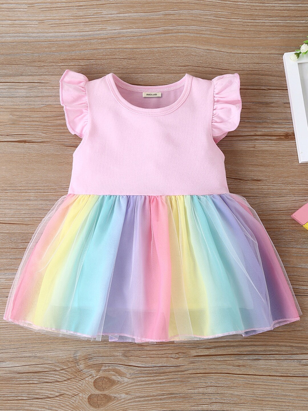 

INCLUD Girls Unicorn Tulle Striped Flutter Sleeves Fit & Flare Dress, Pink