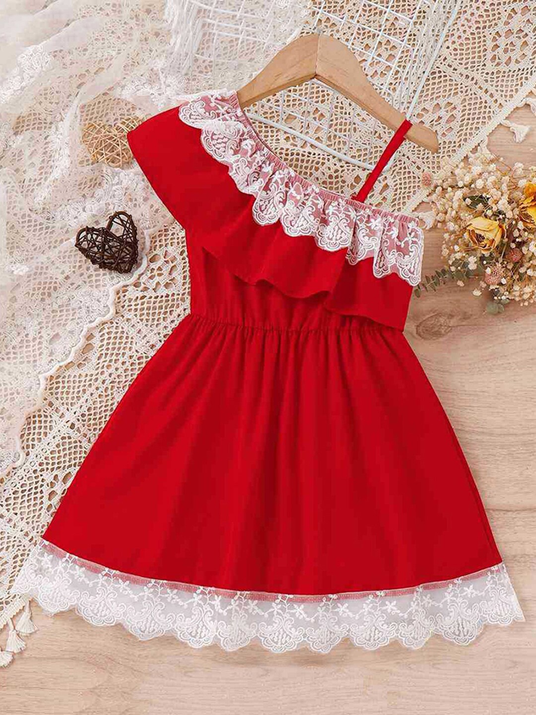 

INCLUD Girls One Shoulder Lace Frill Cape Sleeve Fit & Flare Dress, Red