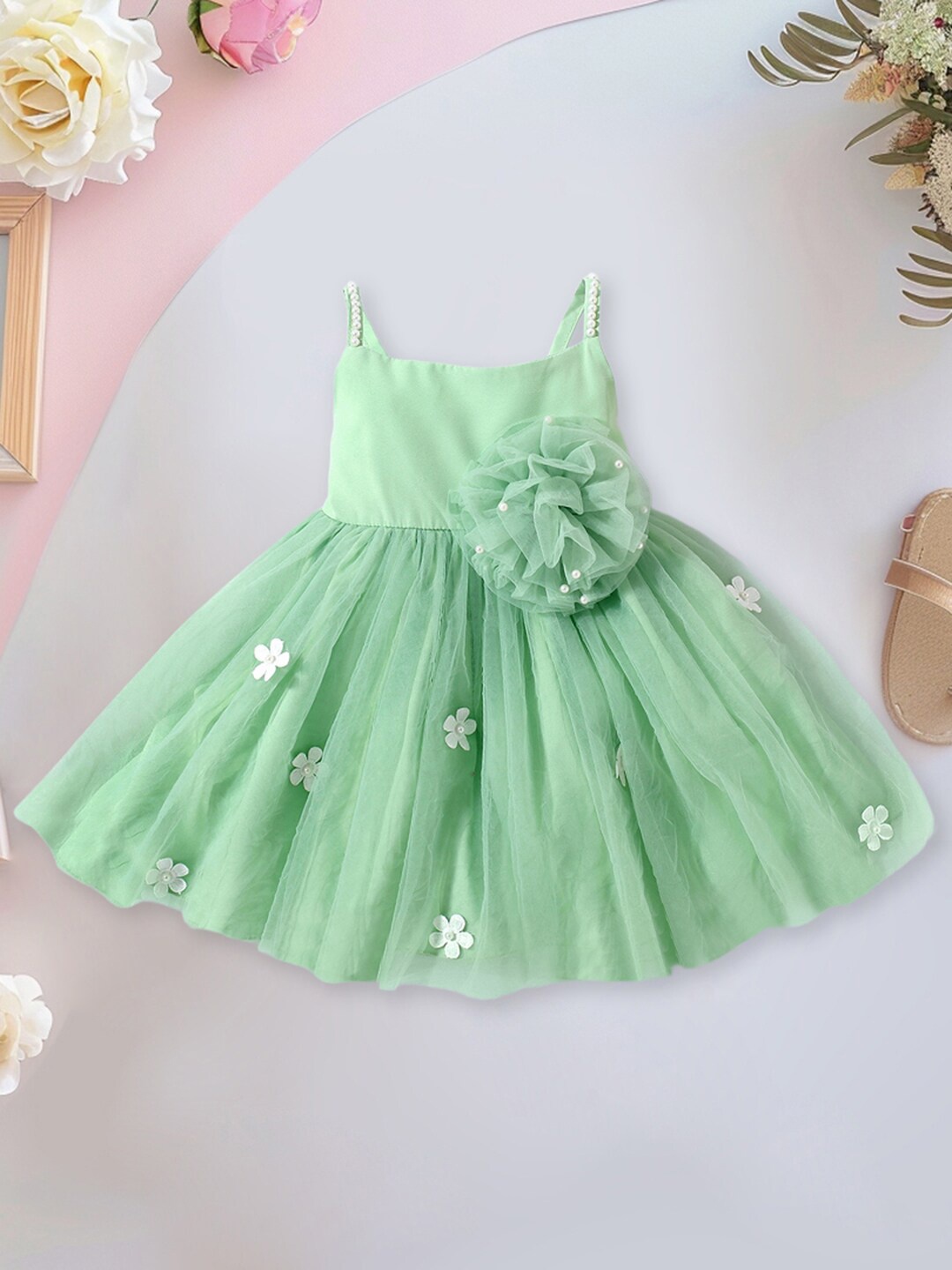 

INCLUD Girls Embellished Shoulder Straps Applique Detail Fit & Flare Dress, Green
